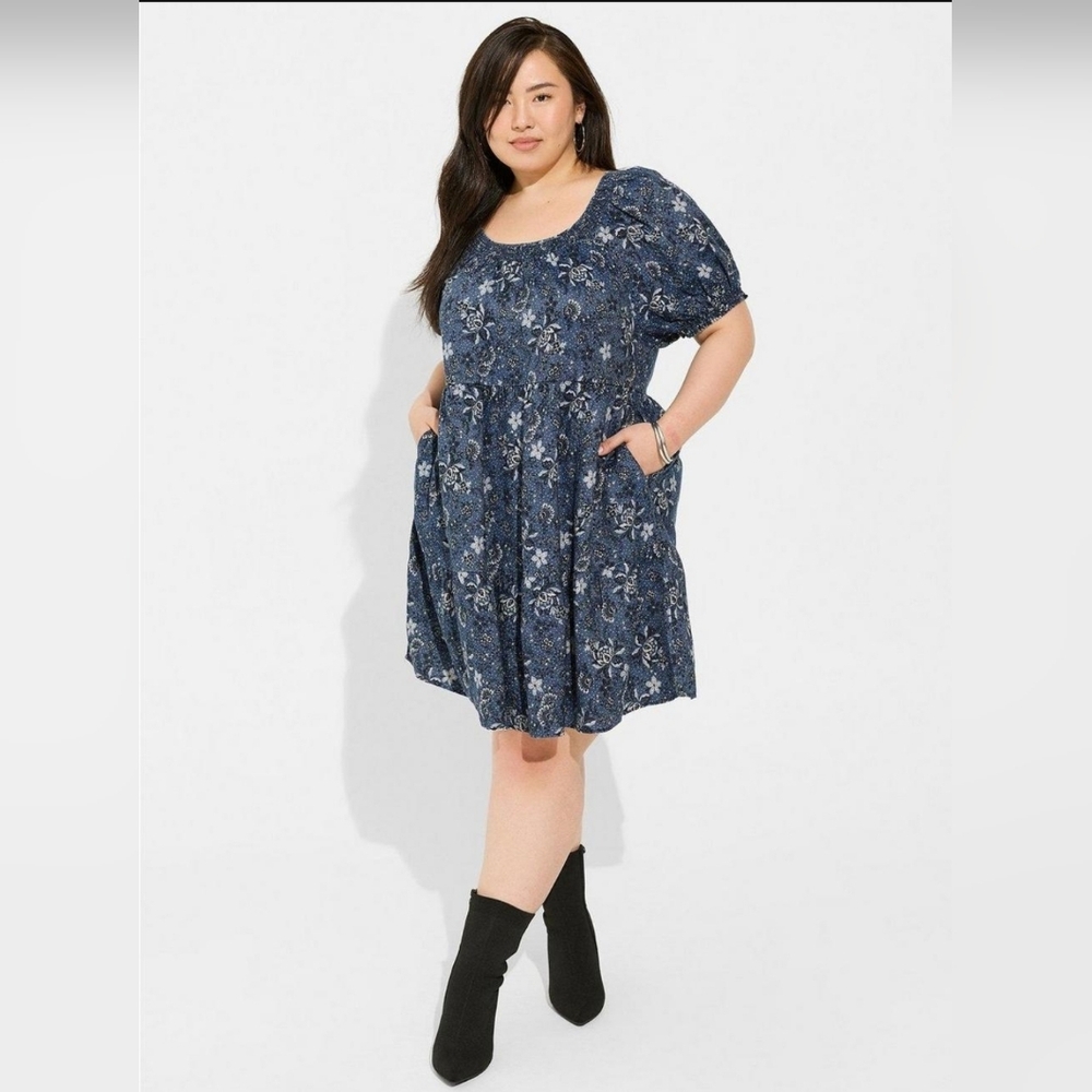 Mini Chambray Puff Sleeve Smocked Dress